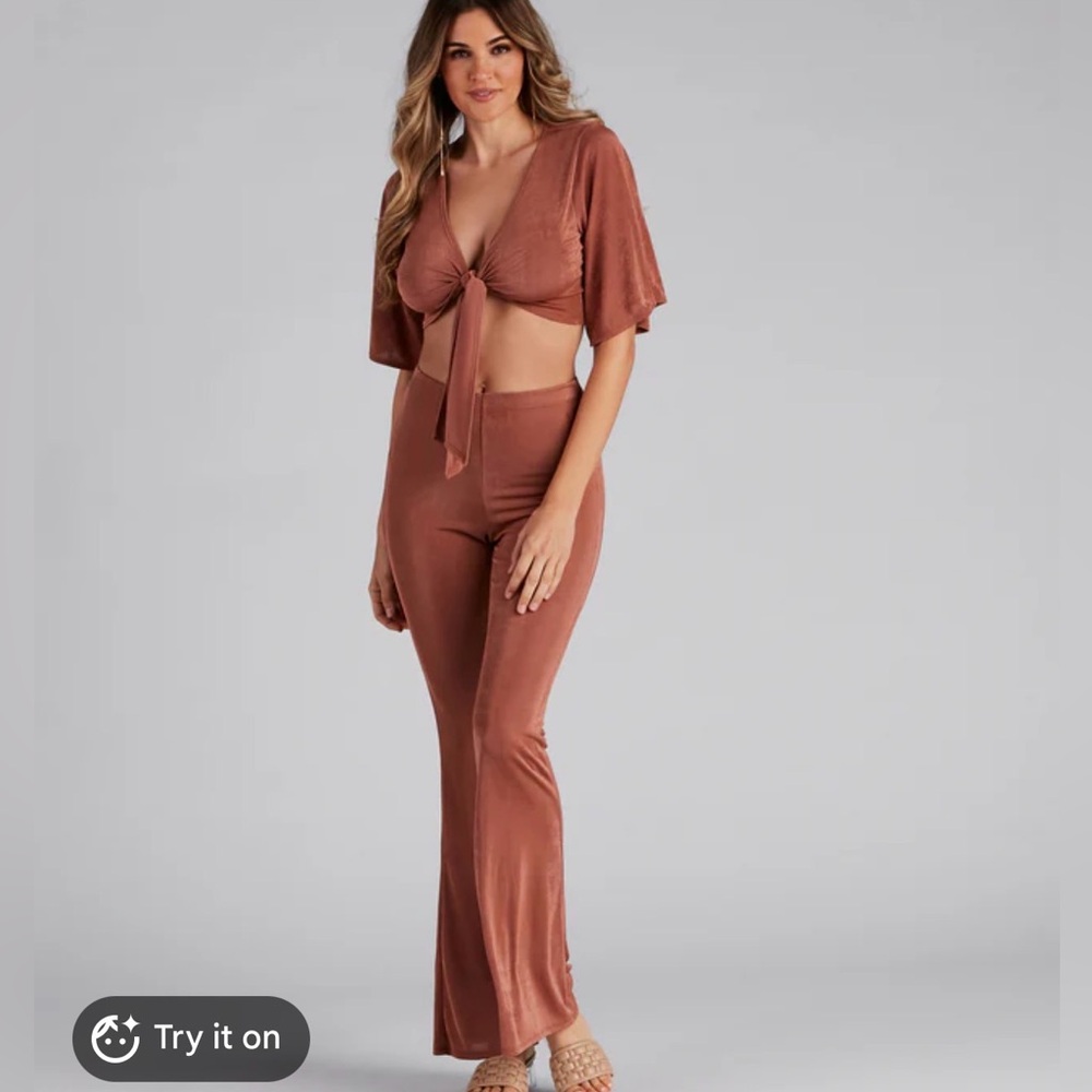 Windsor Tie-Front Crop Top & Flare Pants Set - Rust